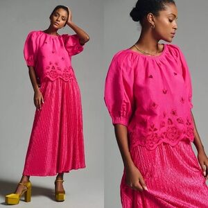 NWT Anthropologie Cutwork Blouse Pink Rose Puff Sleeve